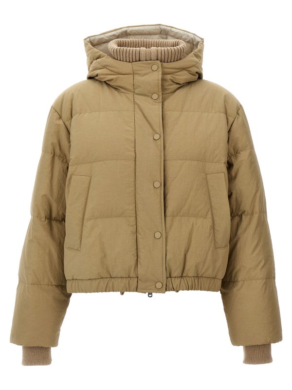 Hooded knit insert down jacket