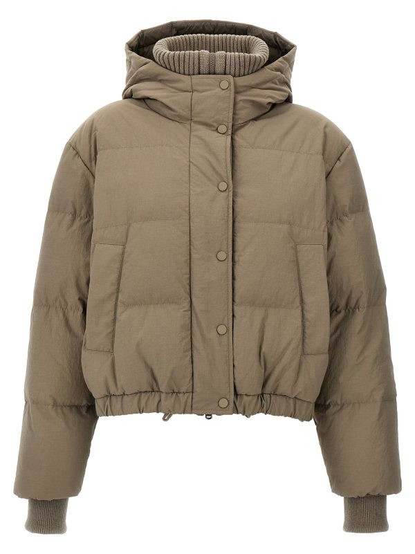 Hooded knit insert down jacket