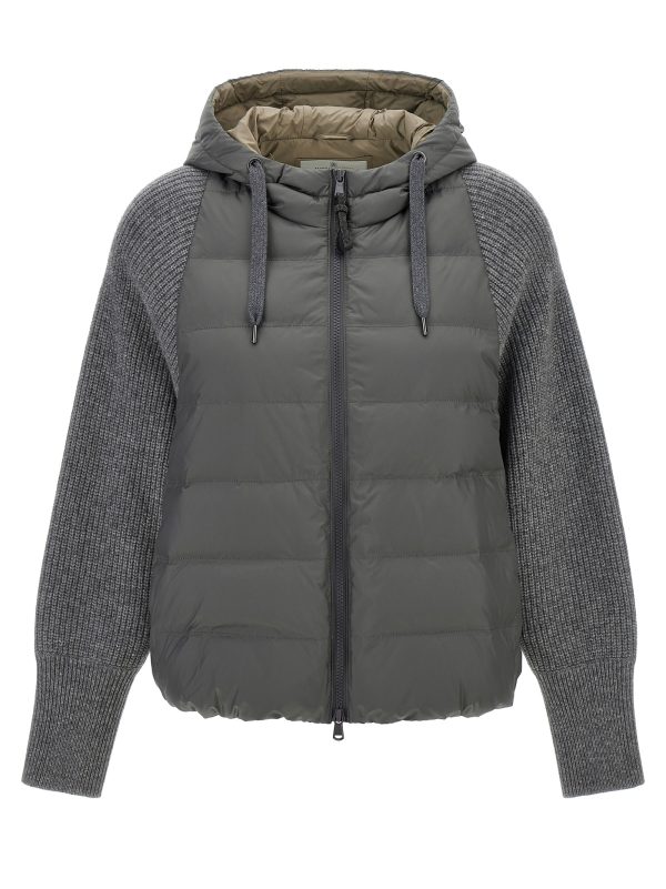 Hooded down jacket with 'Solomeo' inserts